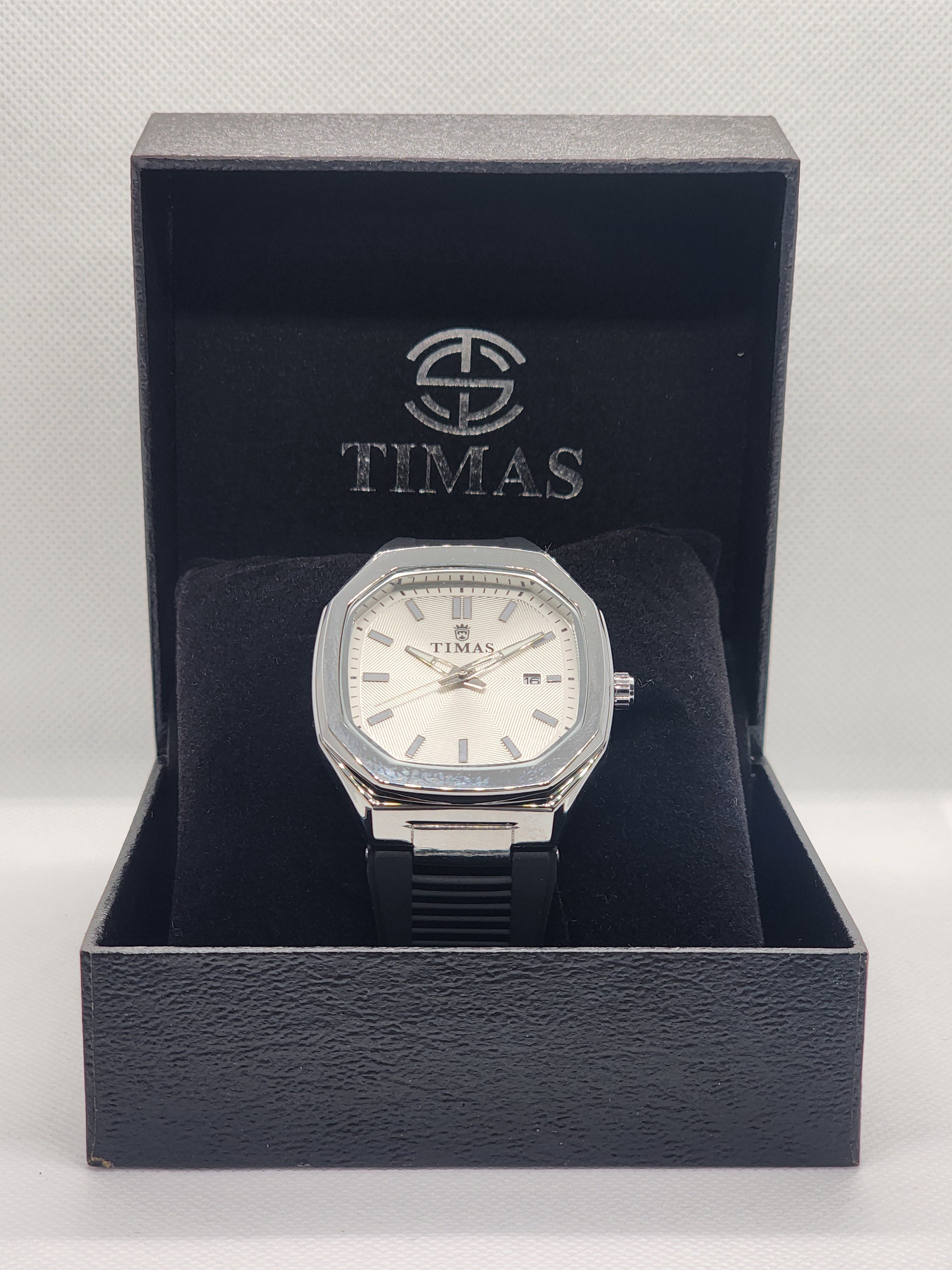 Timas Minimalists Quartz Analog with Date Silver Dial Black Rubber Strap Watch